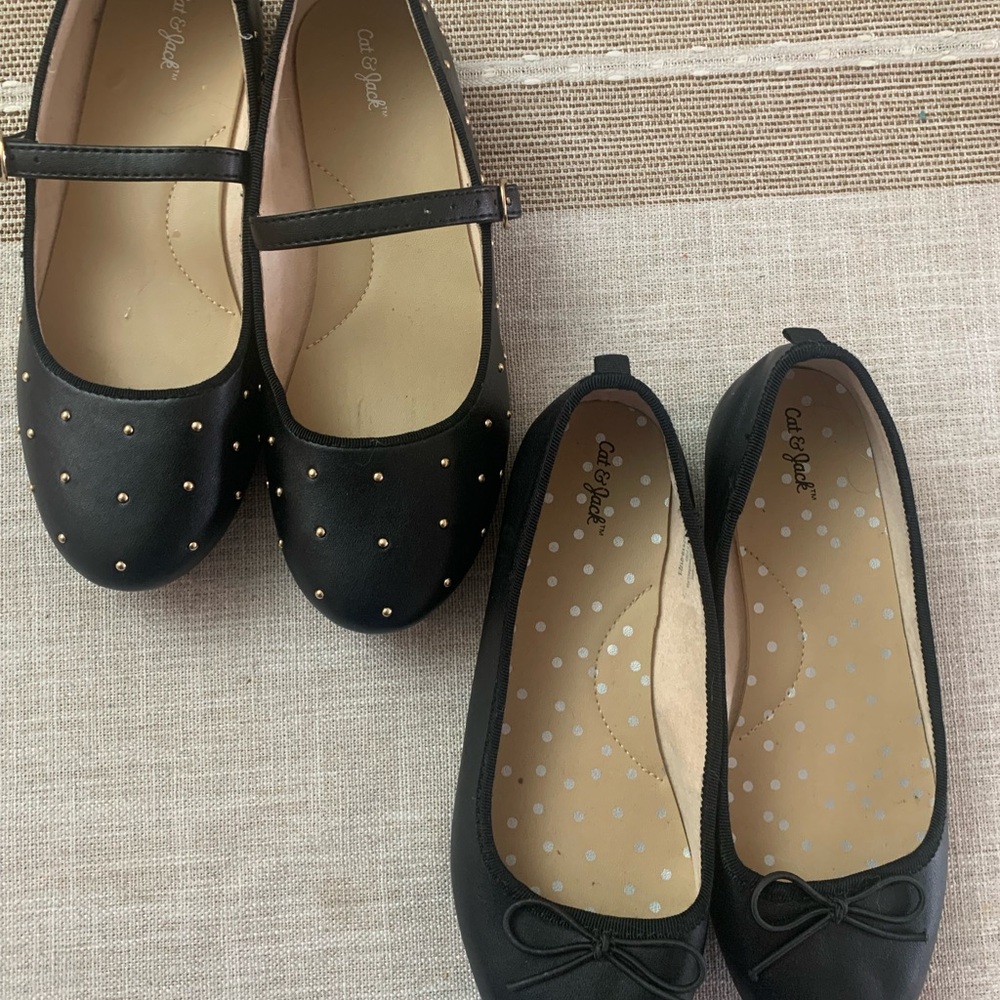 Lot of 2 Cat & Jack Black Girls' Flats Set with Studded Mary Jane & Bow Ballet
